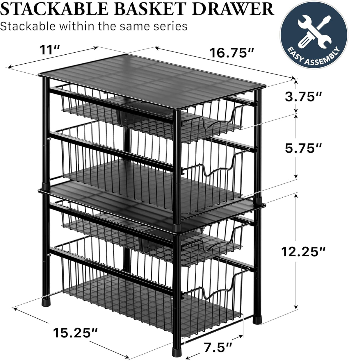 Simple Houseware Stackable Basket Drawer, Chrome