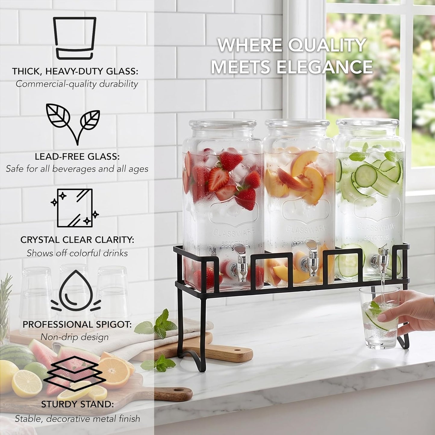 Circleware Triple Chalkboard Beverage Dispensers with Metal Stand & Spigot, Glassware for Water, Iced Tea, Punch, Cold Drinks, 3-80 oz Mason Jars, Copper, Gold, Silver