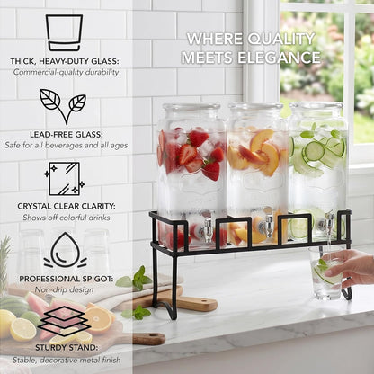 Circleware Triple Chalkboard Beverage Dispensers with Metal Stand & Spigot, Glassware for Water, Iced Tea, Punch, Cold Drinks, 3-80 oz Mason Jars, Copper, Gold, Silver