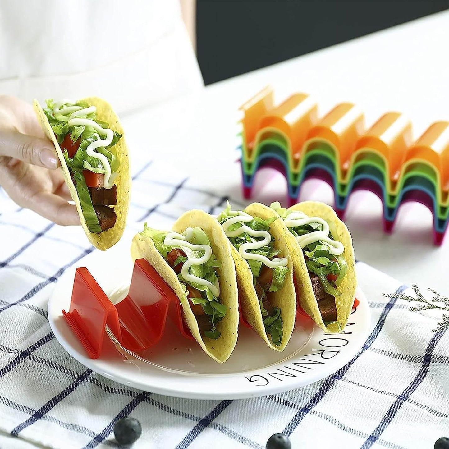 Taco Holder, 2Pcs Taco Plates Holder, Tacos Stands for 4 Tacos, Tacos Plates Rack Tray with Dividers