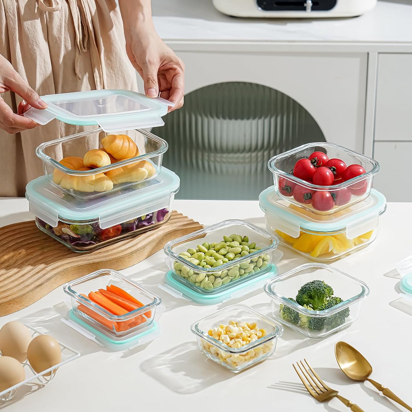 8-piece glass food storage container, glass pre meal preparation container, with sealing cover, suitable for use in microwave ovens, ovens, refrigerators, and dishwashers