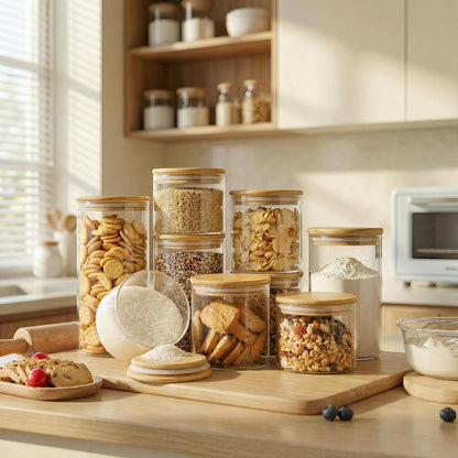 32oz - 4 Pack Glass Jars with Bamboo Lids, Glass Pantry Storage Containers with Airtight Lids, Round Air Tigh Food Storage Canisters for Cereal, Pasta, Flour, Sugar, Rice, Best for Kitchen Organizer