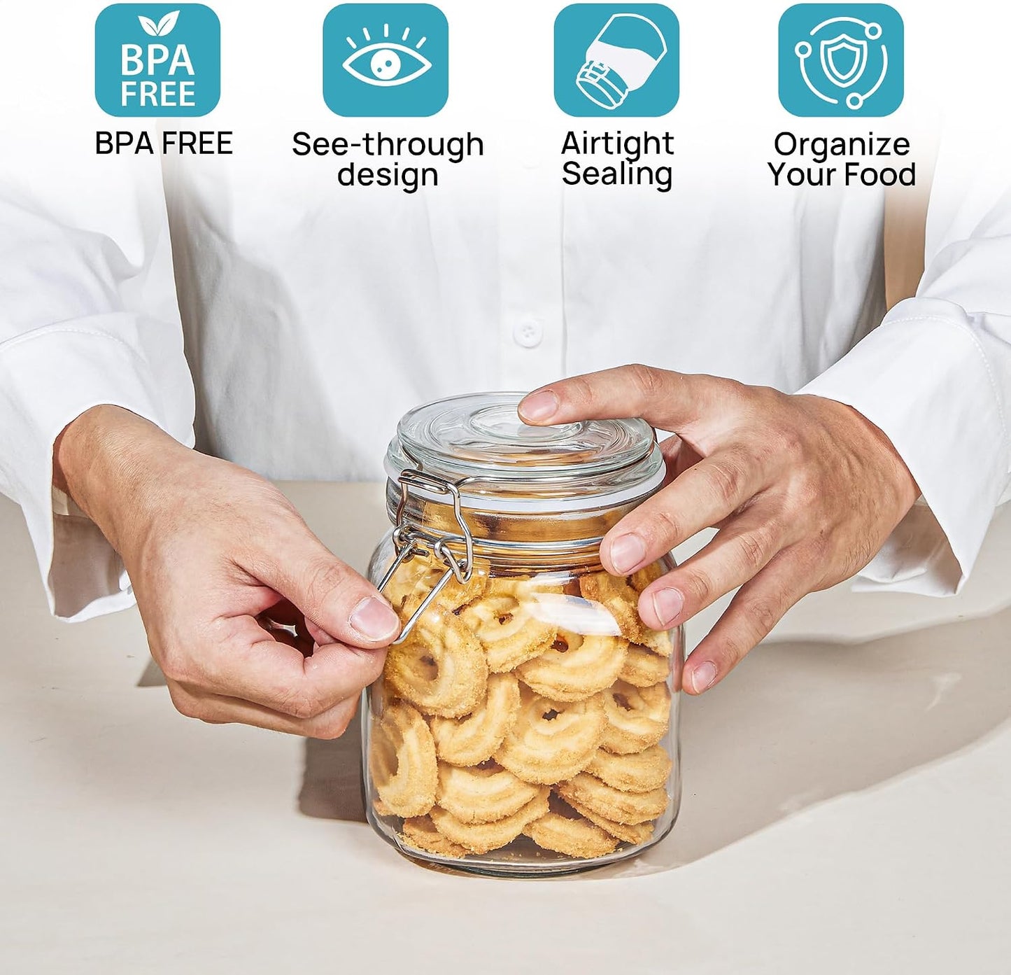 Vtopmart 78oz Glass Food Storage Jars with Airtight Clamp Lids, 3 Pack Large Kitchen Canisters for Flour, Sugar, Cereal, Coffee, Pasta and Canning, Square Mason Jars with 8 Reusable Labels