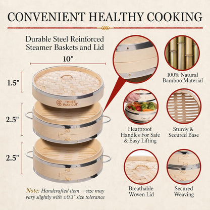 Bamboo Steamer Basket 10 Inch Extra Deep Easy Lift Handles Dumpling Steamer
