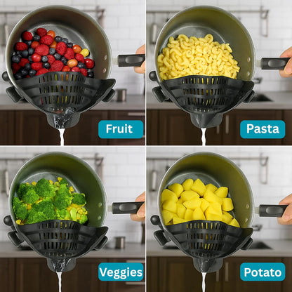 Clip On Strainer Silicone for Pots and Pans, Universal Fit Pasta Strainer and Pot Colander, Space Saving Food Drainer with Collapsible Funnel and Garlic Peeler, 3 Pcs Set, Gray