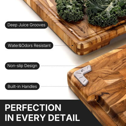Teak Wood End Grain Cutting Board Set of 2 with Non-slip Feet, Reversible Cutting Boards for Kitchen with Juice Grooves and Handles Non Toxic Chopping Board Butcher Block Serving Tray Kitchen Gift