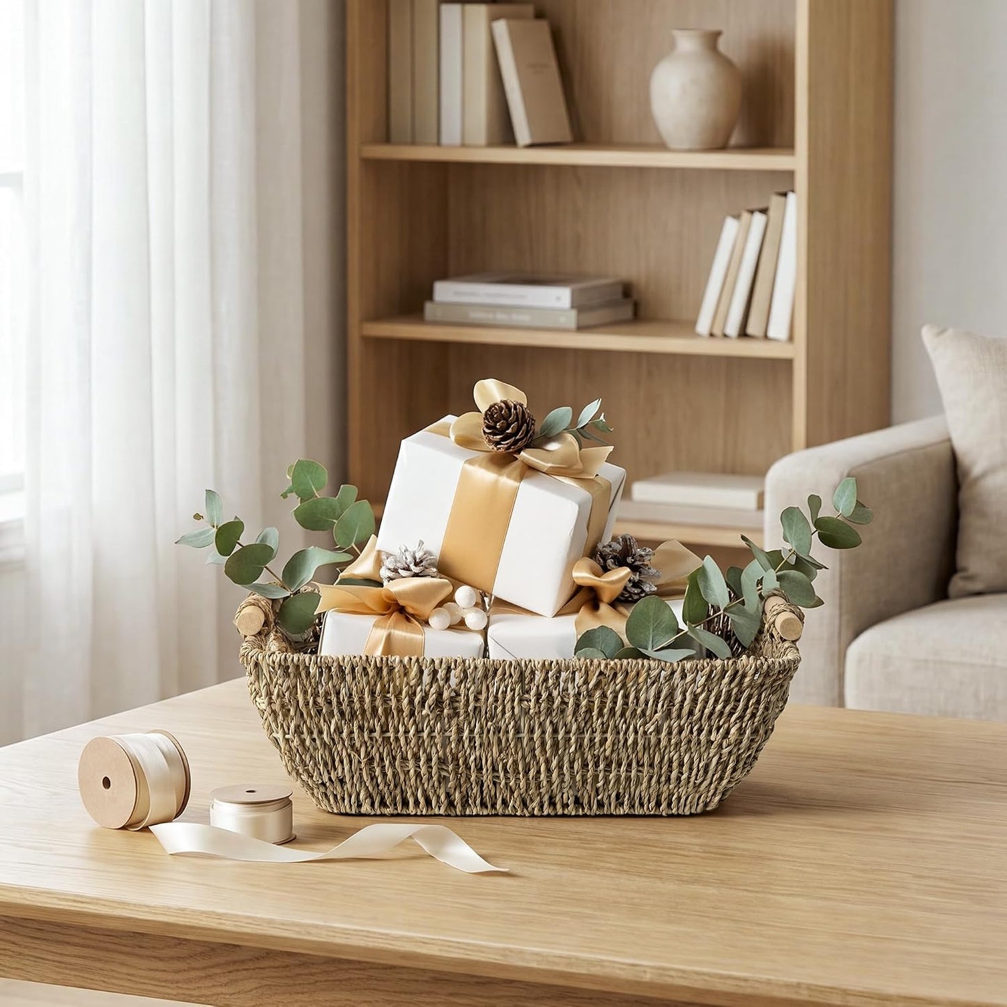 StorageWorks Hand-Woven Storage Baskets with Wooden Handles, Water Hyacinth Wicker Baskets for Organizing, 2 Pack
