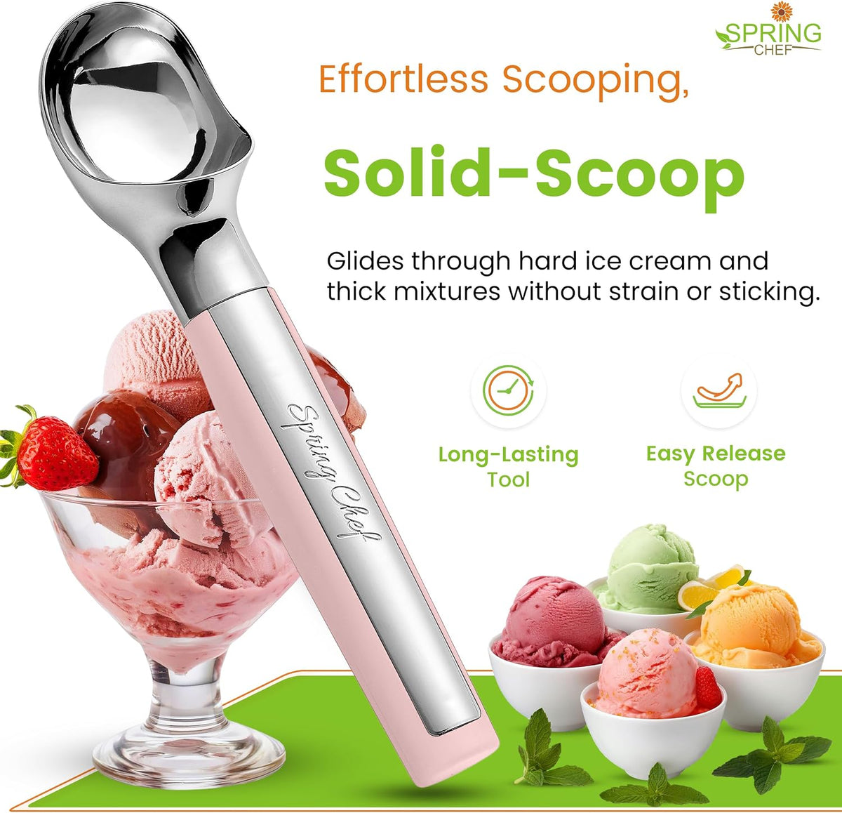 Spring Chef Heavy Duty Metal Ice Cream Scoop with Soft Grip Handle, Pink