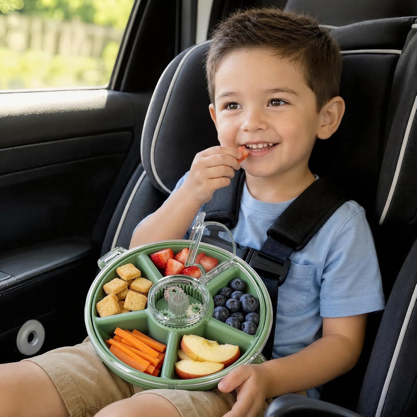 Kids Divided Snack Box with Hand Strap, Reusable 5-Compartment Kids Snack Container, BPA-Free Portable Candy & Nut Serving Platter for Travel, Parties, Picnics(Grey)