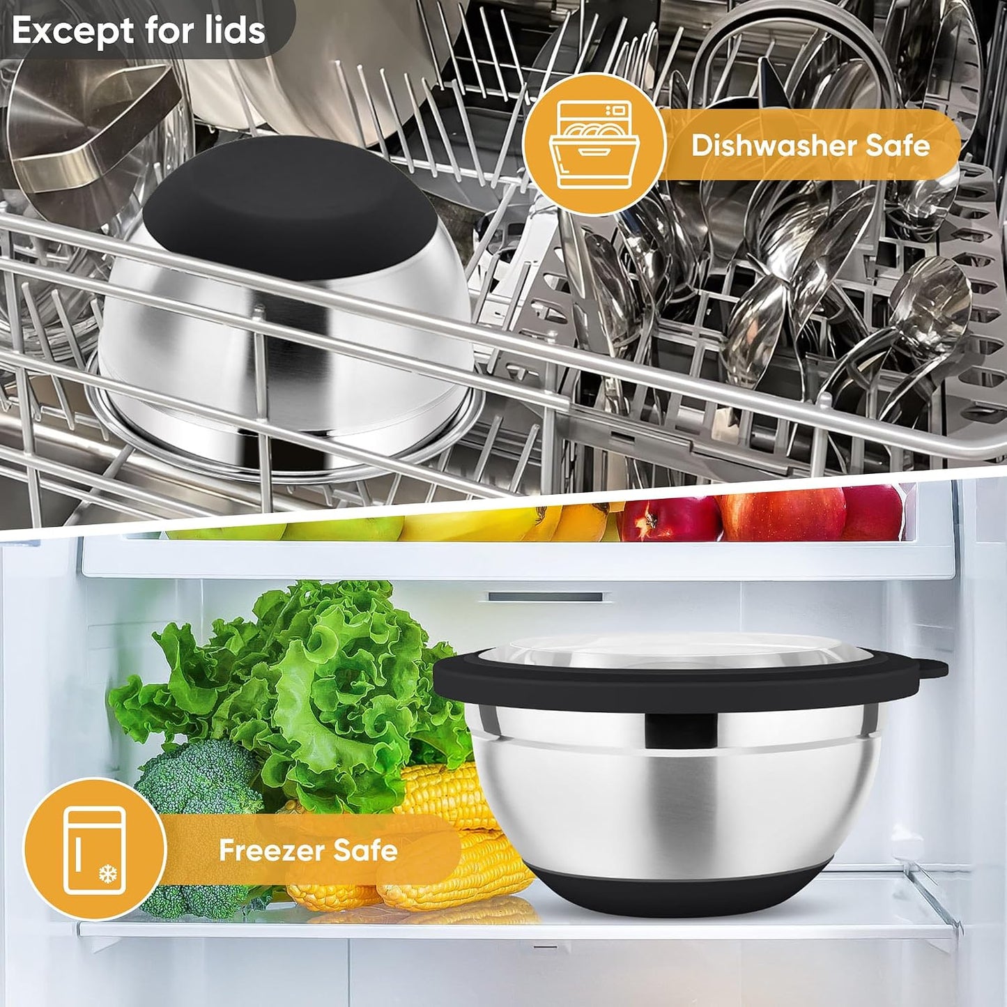 P&P CHEF Khaki Mixing Bowls Set of 6, Stainless Steel Mixing Bowl with Visible Lids for Salad, Metal Nesting Serving Bowls for Kitchen Cooking Prepping Storing Food, 4.6/3.5/2.6/2/1.5/1 QT