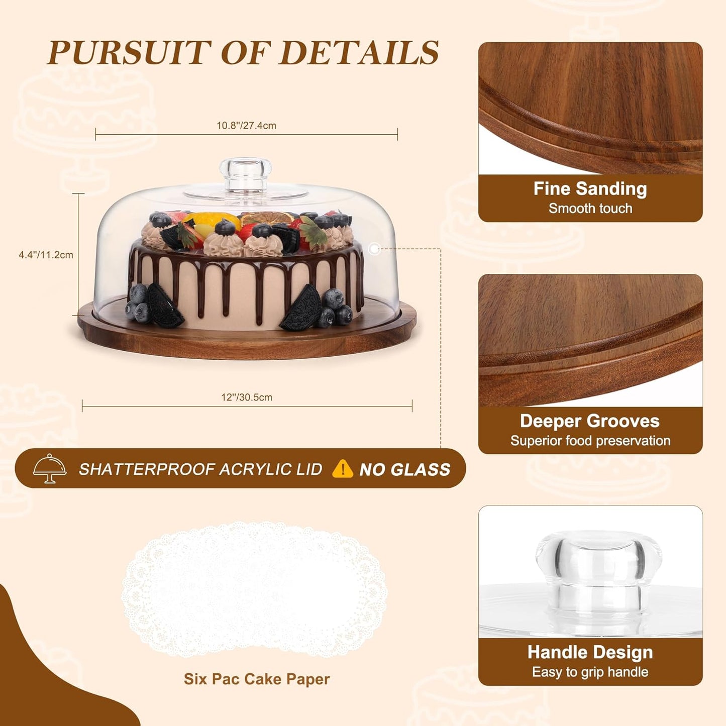 Bellsal Cake Stand with Dome Lid, 12in Acacia Wood Cake Plate with Cover, Wooden Cake Display Stand with Acrylic Dome, Cake Decorating for Baking Gift