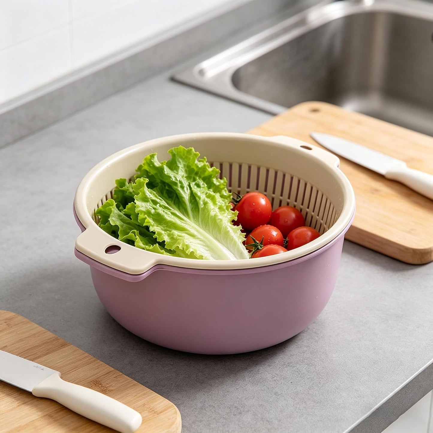 2 in 1 Colander Bowl Set, Detachable Strainer and Serving Bowl Kitchen Fruit Vegetable Washing Drainer for Home Meal Prep and Salad Making (Extra Large 20x9x24cm)