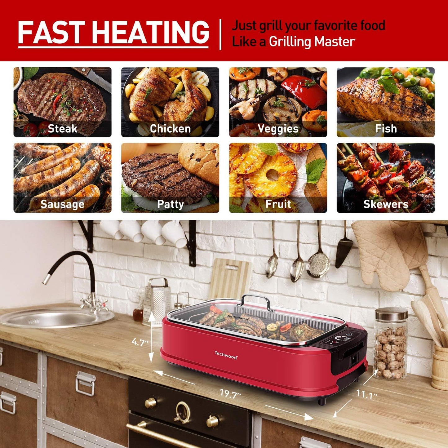 Techwood Indoor Grill Smokeless Grill, Electric Korean BBQ Grill with Glass Lid, Turbo Smoke Extractor Technology, Dishwasher-Safe Drip Tray & Nonstick Grilling Removable Plate, Black, 1500W