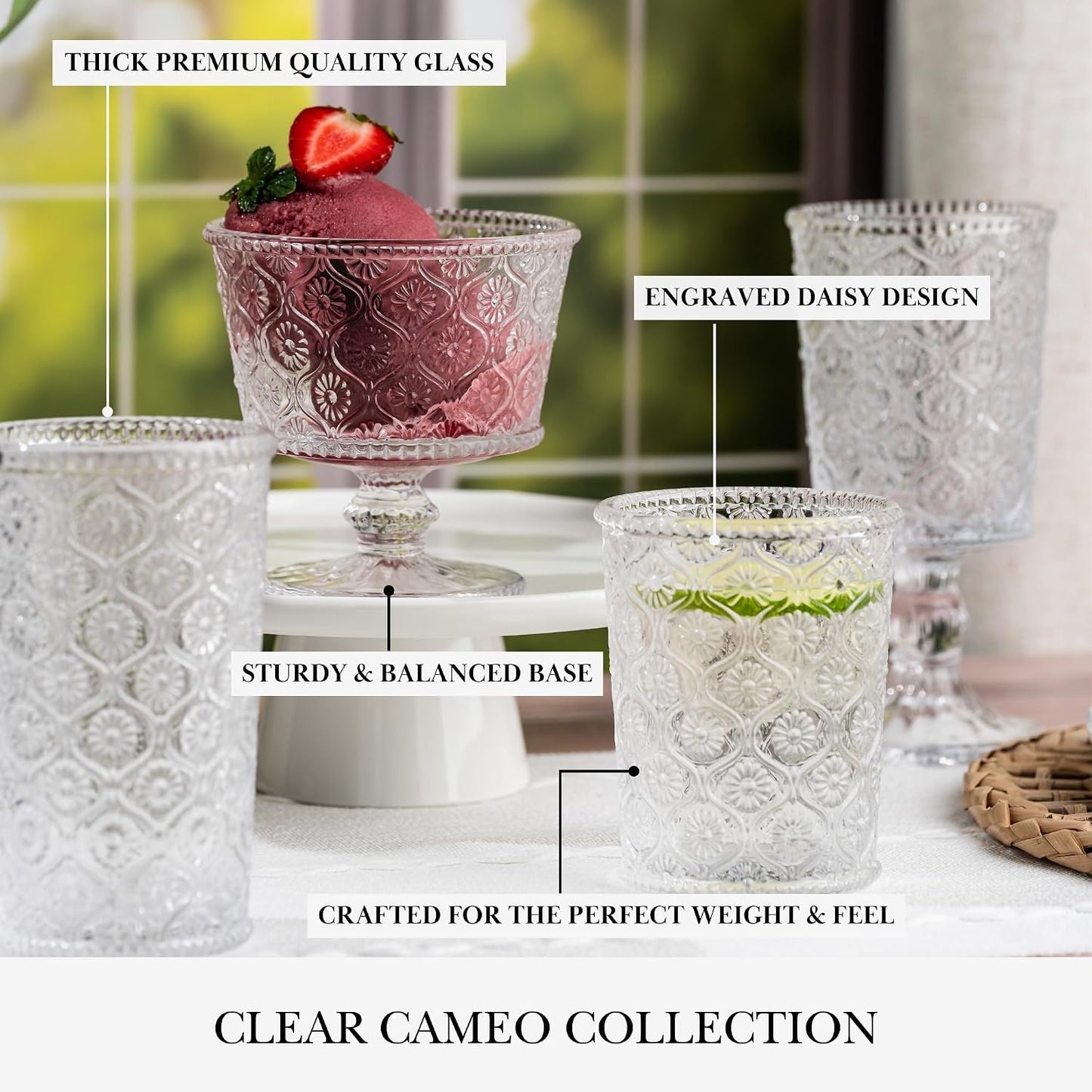 Cameo Clear Vintage Drinking Glasses Set of 4 Vintage Glassware with Engraved Flower Cup 9 oz Lead-Free Old Fashioned Cocktail Glasses Dishwasher Safe Drink Tumbler Whiskey Glasses Cups