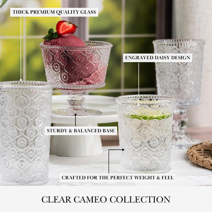 Cameo Clear Vintage Drinking Glasses Set of 4 Vintage Glassware with Engraved Flower Cup 9 oz Lead-Free Old Fashioned Cocktail Glasses Dishwasher Safe Drink Tumbler Whiskey Glasses Cups