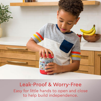 Bentgo Kids Stainless Steel Food Jar - 11oz Leak-Proof Double Insulated Hot or Cold Food Container with Removable Silicone Bumper, Dishwasher Safe, Easy Open Lid, Ages 3+ (Trucks)