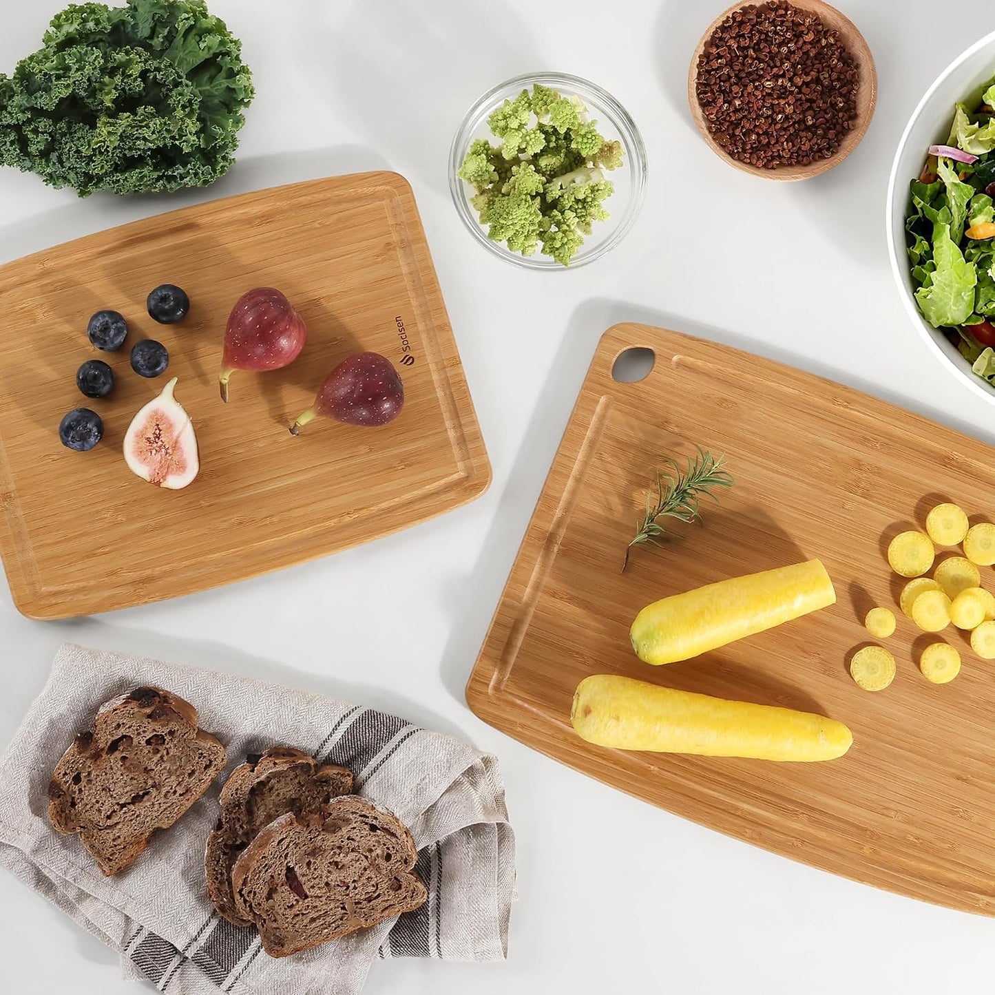 Lightweight Durable Bamboo Cutting Board Set with Non-Slip Feet, Wood Cutting Board for Busy Kitchen, Easy Clean Wooden Chopping Boards with Juice Groove Best House Warming Gift Set of 3 (S+M+L)