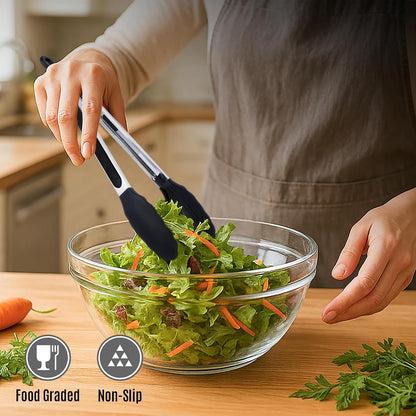 Pack of 3 Stainless Steel Kitchen Tongs with Silicone Tips – Non-Stick Cooking, Grilling & BBQ Tongs for Serving, Dishwasher Safe, 7", 9" & 12", Black