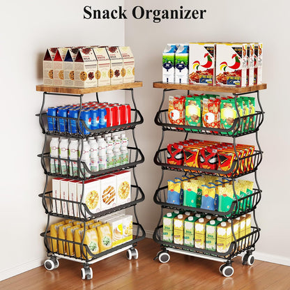 SAYZH Fruit Basket Kitchen Pantry Organizers and Storage - Wooden Top Table, Stackable Metal Wire Basket Stand Cart for Fruit Vegetable Snacks Onion Potato Organization (Black, 5 Tiers)