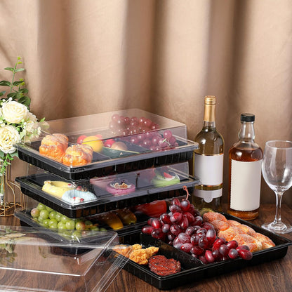 Shellwei 5 Pack Extra Large Charcuterie Board with Lid 15 x 10 Inch 3 Section Divided Catering Trays with Lids Large Disposable Travel Catering Serving Trays Platter (Black)