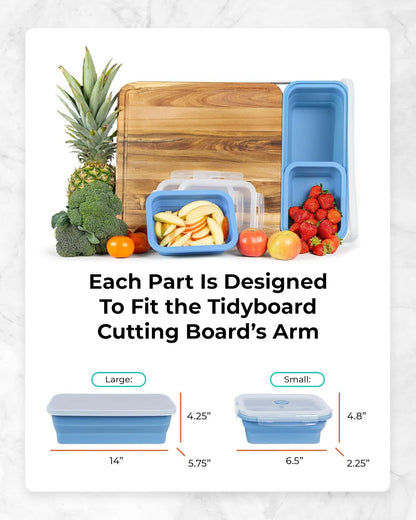 TidyBoard Meal Prep System Base Pack - Over-the-Sink Smart Chopping Board with 1 Large & 2 Small Silicone Tubs & Lids - 1” Thick Acacia Wood Cutting Board with Containers, 7 pieces