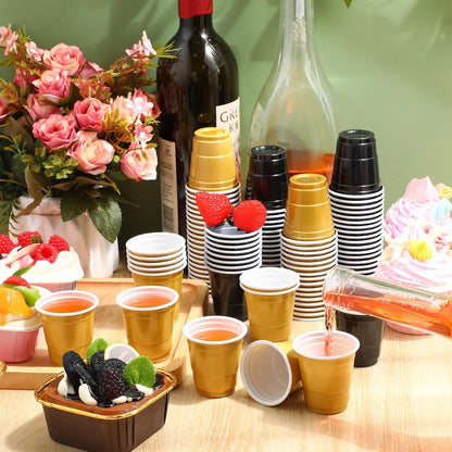 Roshtia 100 Pack 2 oz Plastic Shot Cups, Mini Disposable Shot Glasses 2 oz Wedding Party Cups for Bridal Shower Wedding Party, Beer Taste Serving, Snacks(Black, Gold)