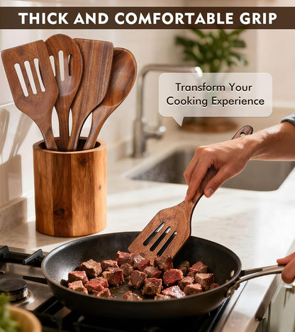Wooden Spatula, Acacia Solid & Slotted Turner Spatula Set, Long Handle Flat Frying Spatulas, Ideal Kitchen Gift for Mother and Grandma, Kitchen Utensils Set for Cooking, Frying, Baking