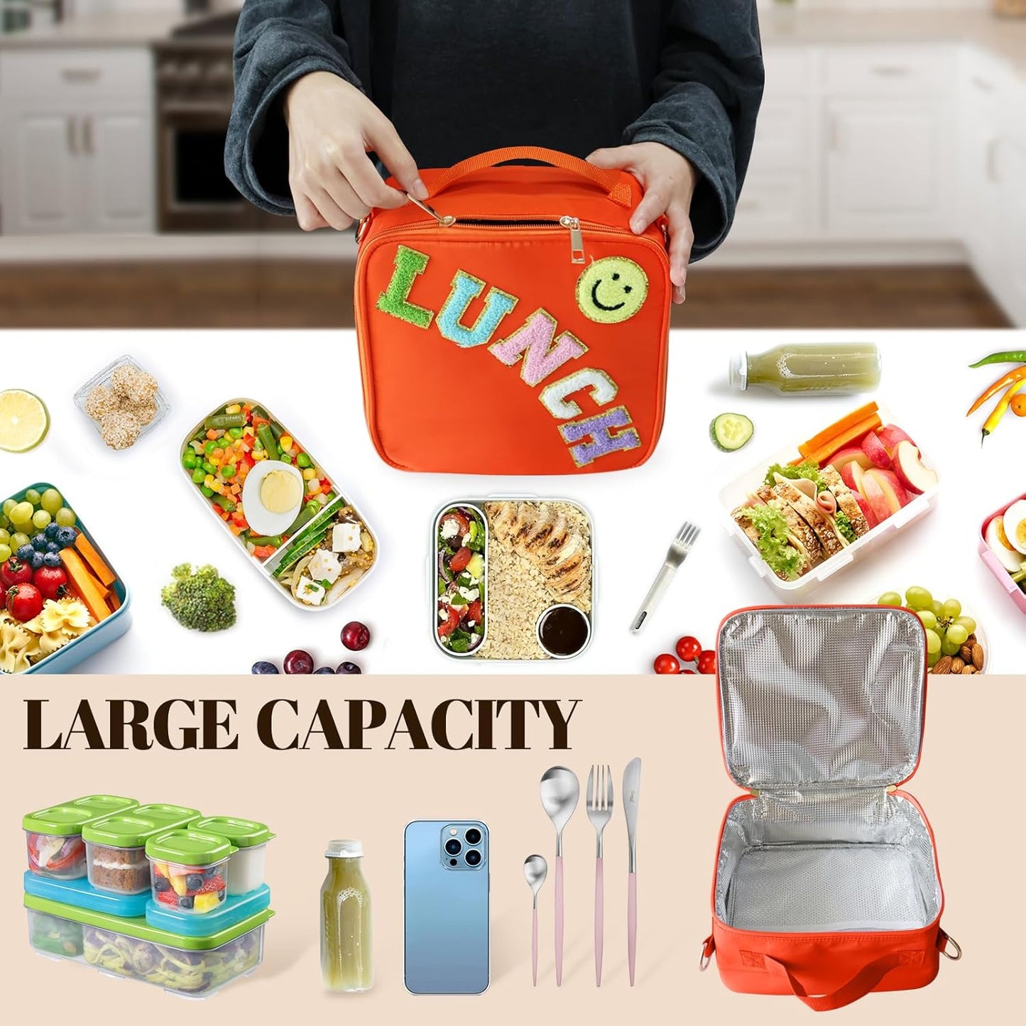 Insulated Lunch Bag With Adjustable Shoulder Strap, Nylon Preppy Lunch Box Large Insulated Lunch Bag Reusable Lunch Tote Bag with Smiley Preppy LunchBag for Girls School Travel Picnic (Green)
