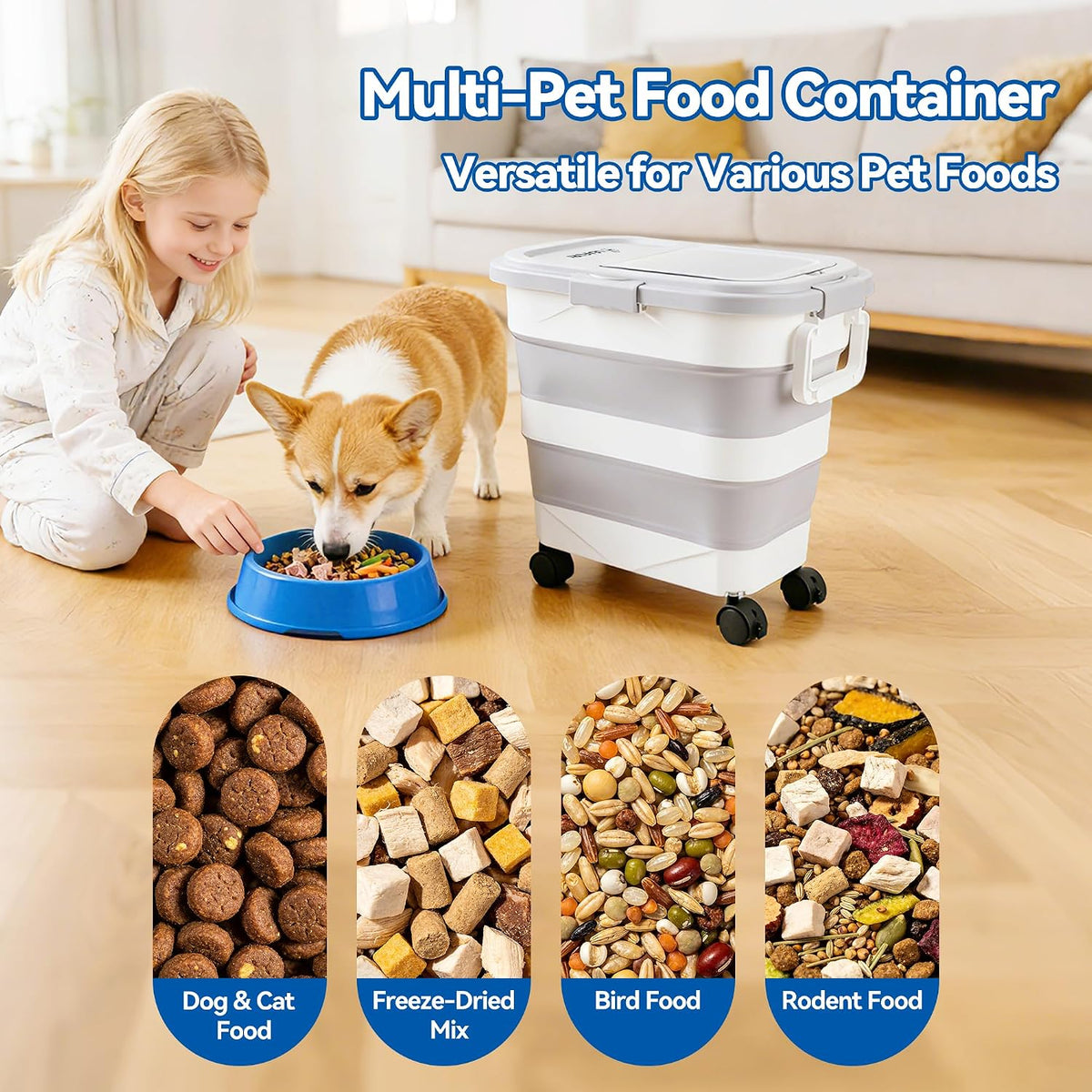 Dog Food Storage Container 20-25lbs, Airtight Pet Food Bin with Locking Lid & Clear Window, Collapsible Rolling Storage Container with Wheels and Scoop, Black