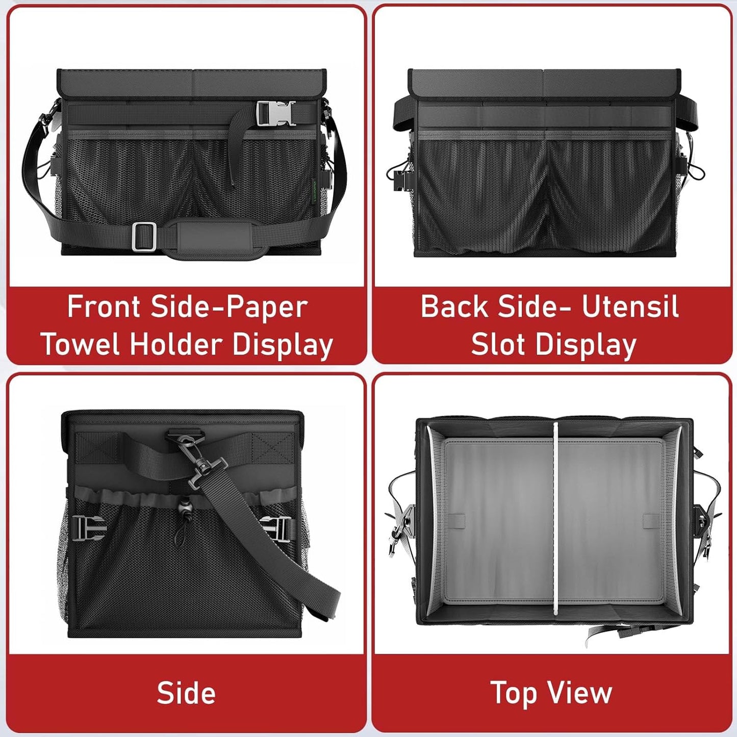 FANGSUN Black Grill Caddy, BBQ Organizer with Lid & Paper Towel Holder, Picnic Griddle Caddy for Outdoor Camping, Barbecue Accessories Organizer, 32L Capacity, Black