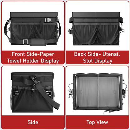 FANGSUN Black Grill Caddy, BBQ Organizer with Lid & Paper Towel Holder, Picnic Griddle Caddy for Outdoor Camping, Barbecue Accessories Organizer, 32L Capacity, Black