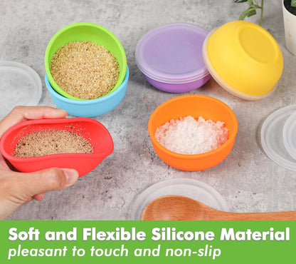 KOLUTI Nonstick Silicone Pinch Bowls Set of 6, 4oz Small Condiment Dipping Sauce Prep Bowl with Lid, Colorful Snack Serving Food Storage Mixing Containers for Side Dish, Microwave & Freezer Safe