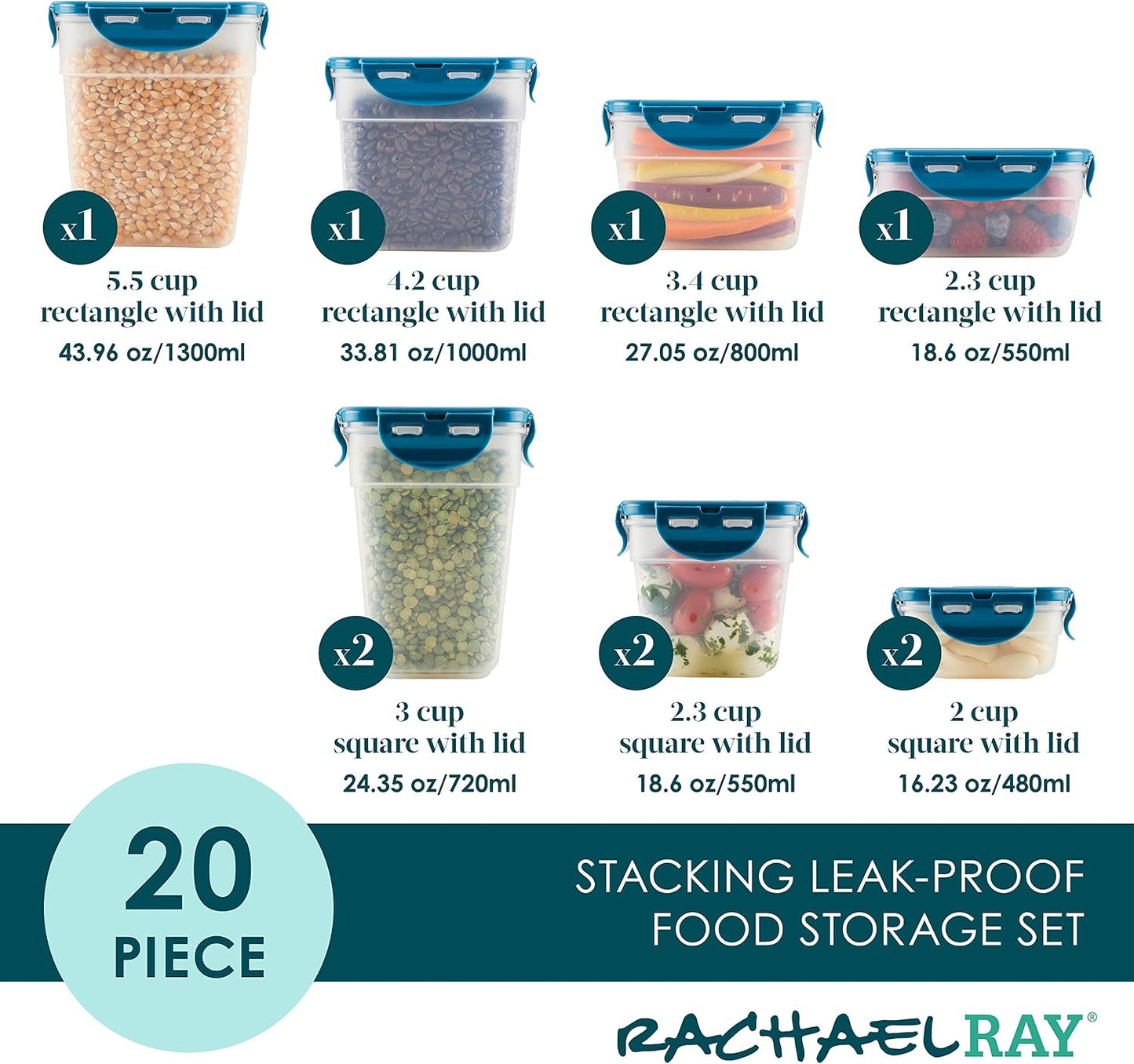 Rachael Ray Leak-Proof Nestable Container Food Storage Bin Set, 10-Piece, Clear with Teal Lids