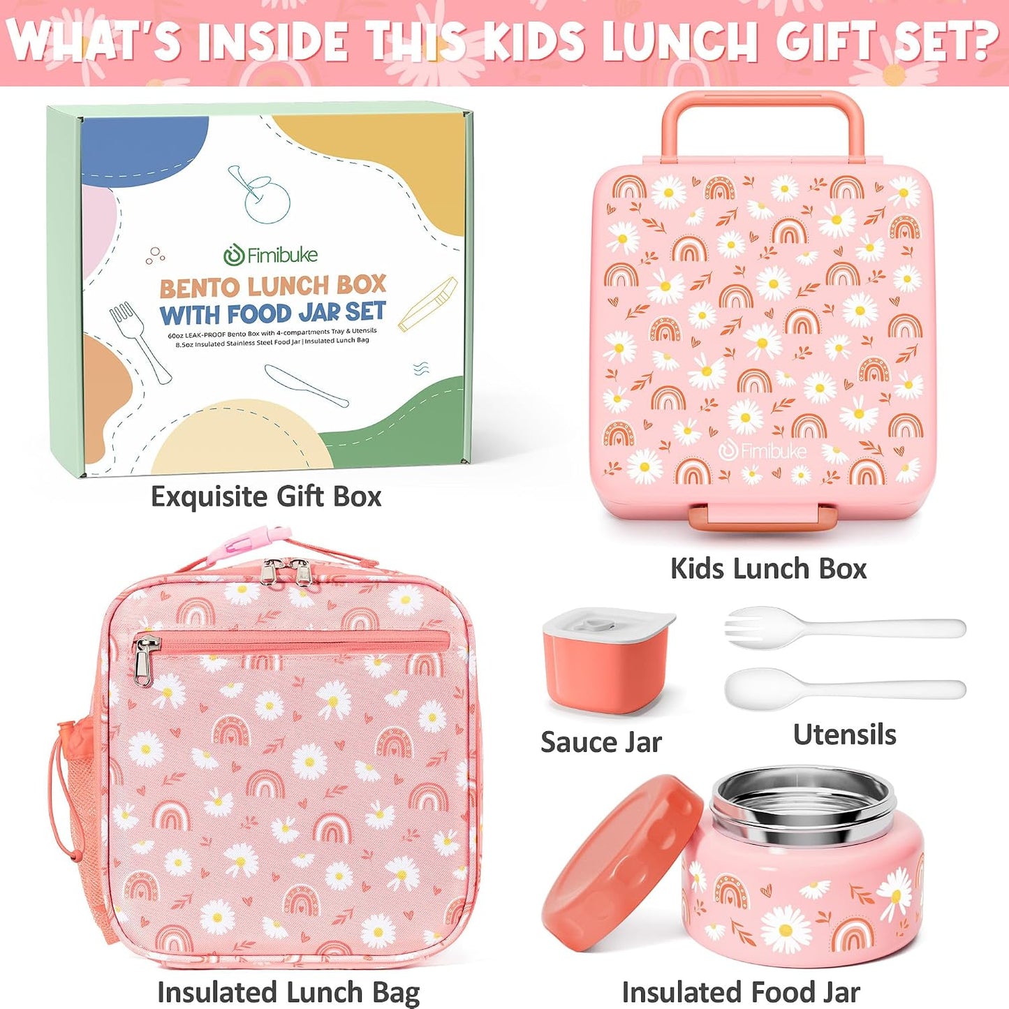 Fimibuke Bento lunch Box Set for Kids Adult with 8oz Insulated Food Jar, Lunch Bag & Sauce Cup, Leakproof Dishwasher Safe Toddler Lunch Food Container with 3-4 Compartment for School Girls Boys