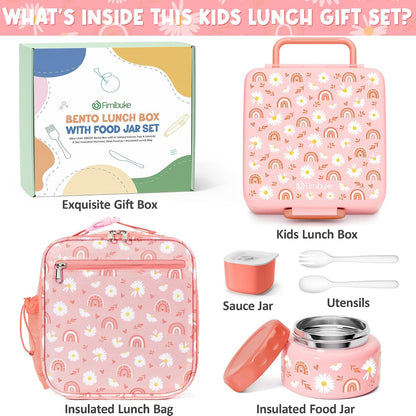 Fimibuke Bento lunch Box Set for Kids Adult with 8oz Insulated Food Jar, Lunch Bag & Sauce Cup, Leakproof Dishwasher Safe Toddler Lunch Food Container with 3-4 Compartment for School Girls Boys