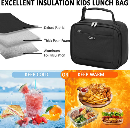 Lunch Box Kids Insulated Lunch Bag for Boys Girls Cute Reusable Lunch Tote Bag Waterproof Portable Thermal Lunch Box Kids for School Picnic Travel Black