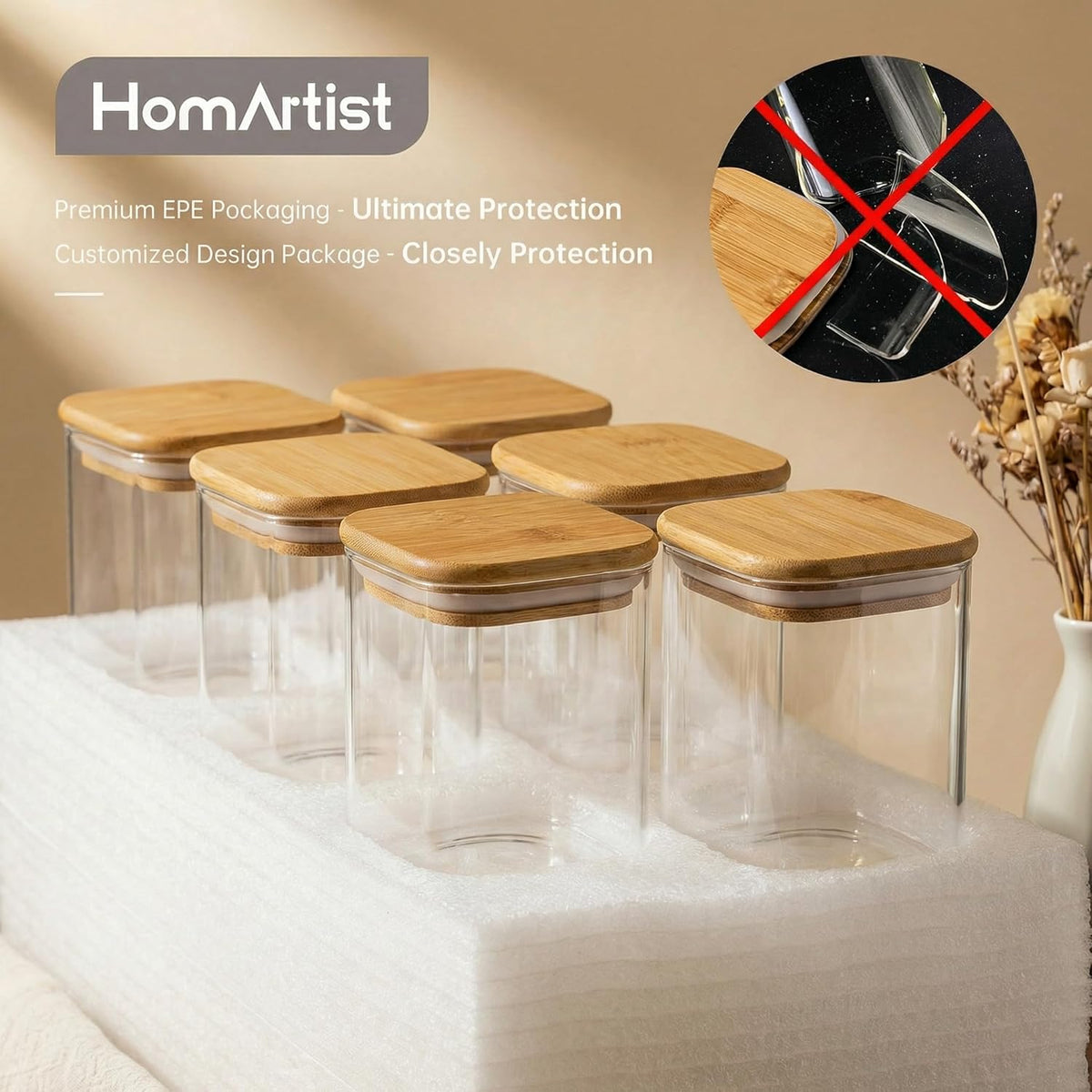 168oz 2 Pack Large Glass Storage Containers with Lids for Pantry Storage | Square Borosilicate Glass Jar with Airtight Lid Keep Flour, Sugar & Rice Fresh, Fit 10lb Bag, BPA-Free for Pantry Organizer
