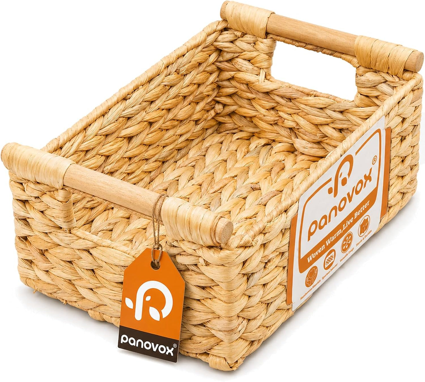 Water Hyacinth Wicker Basket, 13.39*9.45*4.65 Inch Woven Basket with Handles, Wooden Handles Wicker Storage Basket, Rattan Basket for Decorative Baskets, Pantry, Shelves, Gift, Toys - Medium