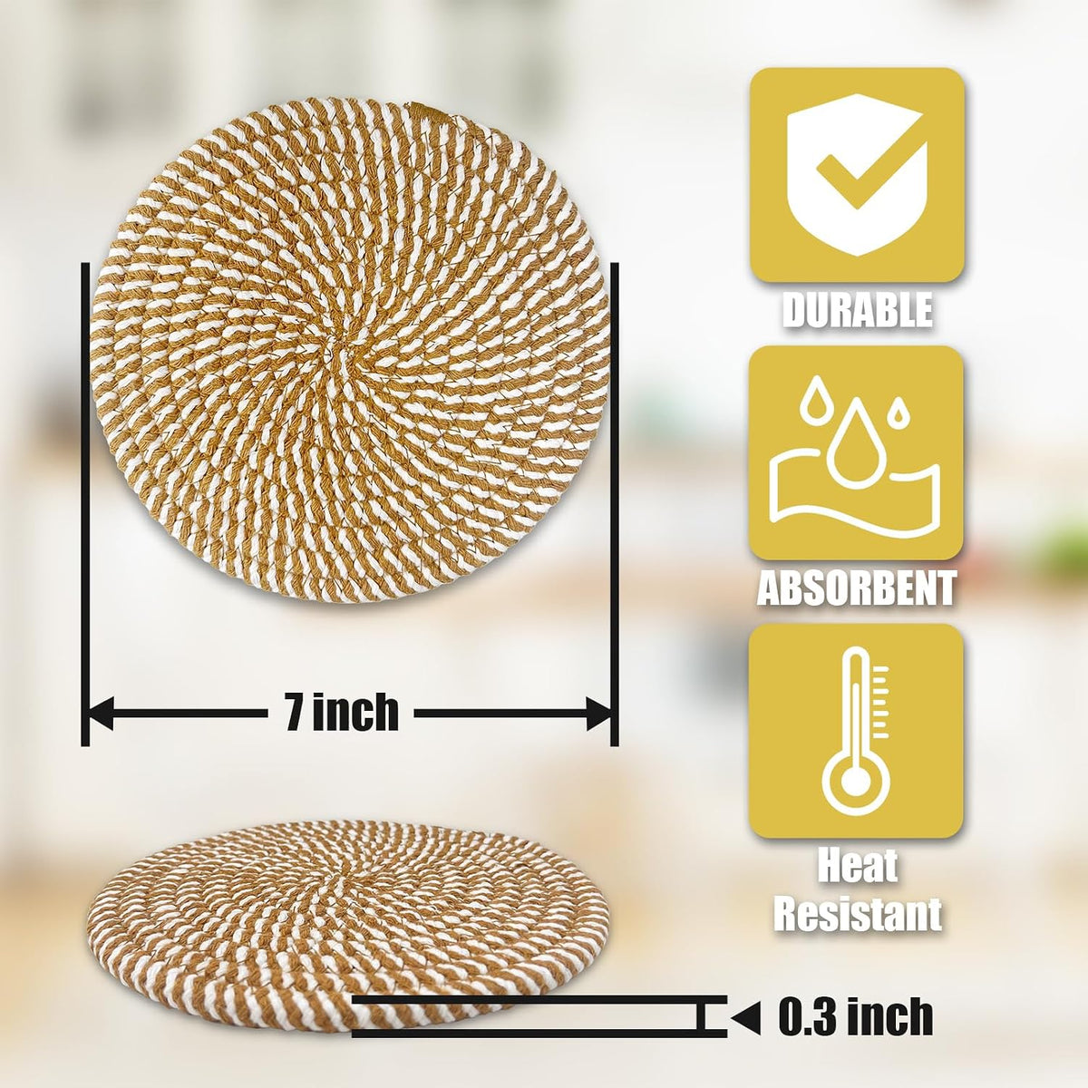 Trivets for Hot Dishes, Hot Pads for Kitchen, 7'' Trivets for Hot Pots and Pans, Pot Holders for Kitchen, Pot Holders Heat Resistant 4-Pcs, Kitchen Essentials for New Home (Brown)