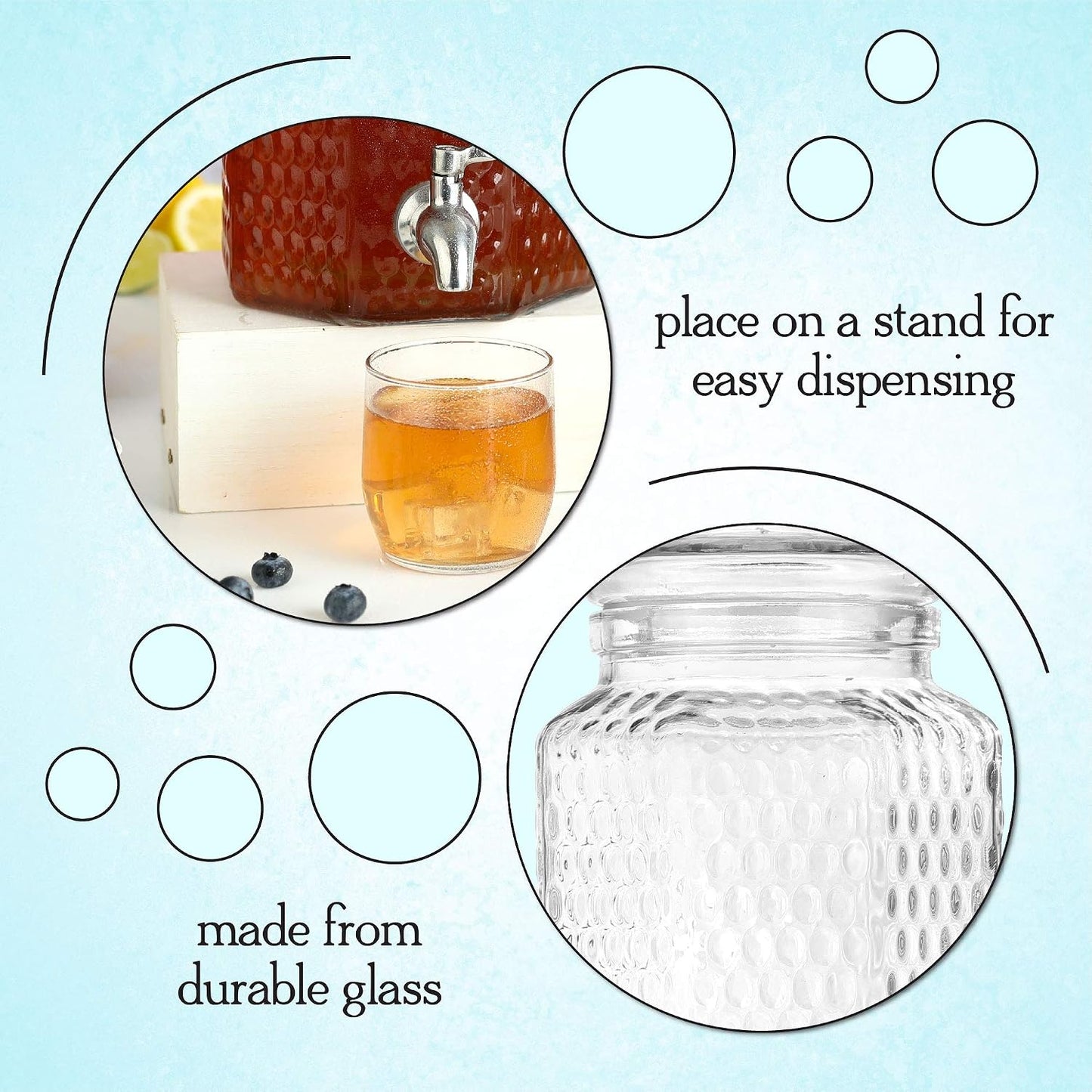 Double Glass Beverage Dispenser Set - Dual 1 Gallon Punch Dispensers with Stand, Spigot, and Drip Trays | Ideal for Juice, Tea, and Party Drinks | Elegant Pitcher for Parties and Events