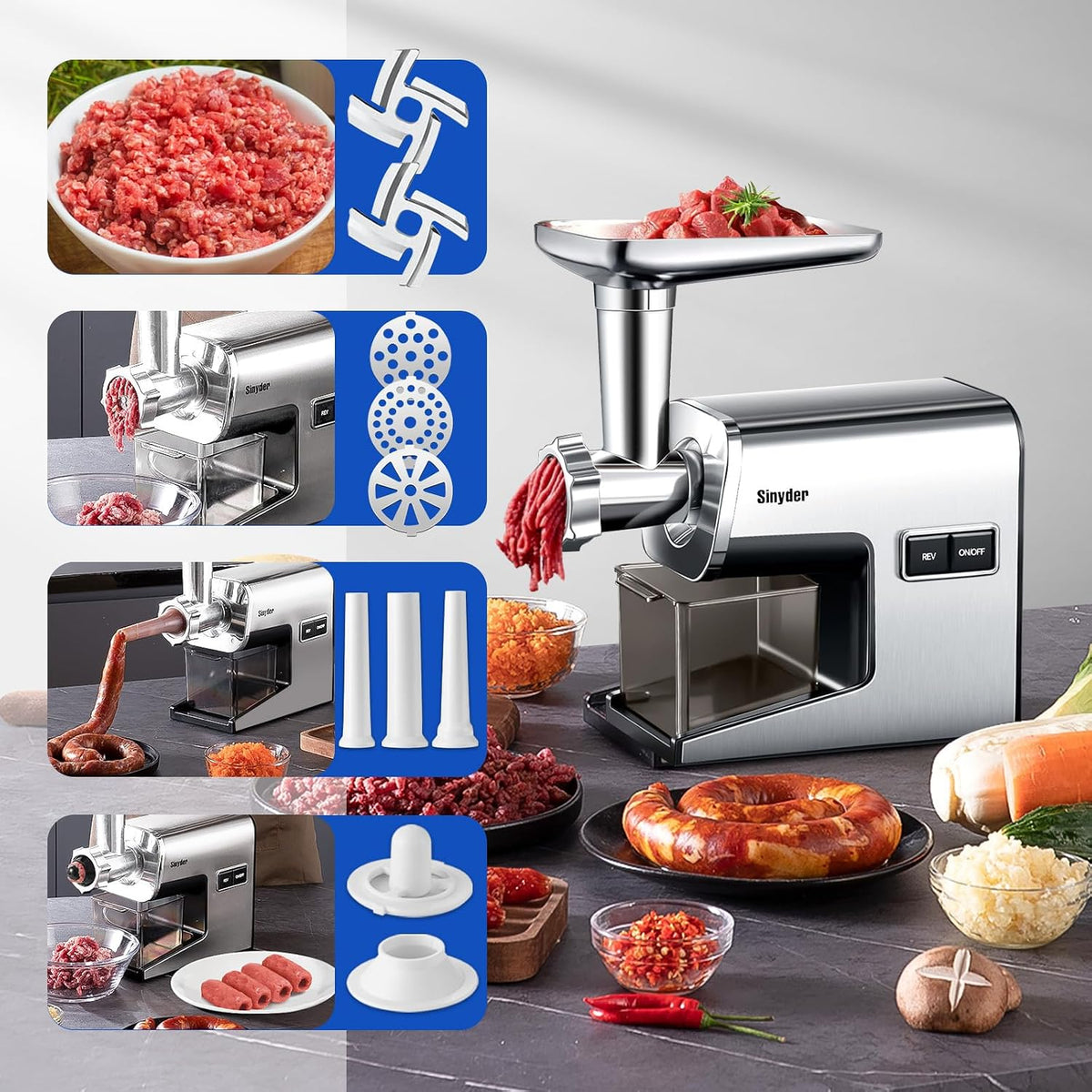 Sinyder Electric Meat Grinder, 3000W Max Stainless Steel with Meat Claws