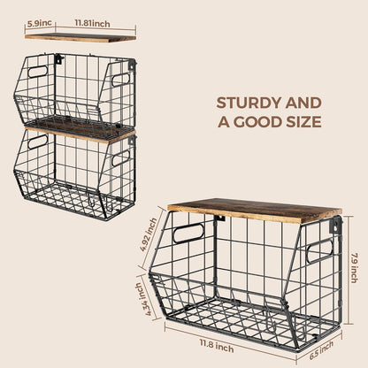 Delamu Stackable Metal Fruit Basket with Wood Lid 3 Pack, Hanging Wall Organizer for Kitchen Counter, Pantry Storage for Onions, Potatoes, Garli, Fruits, Spices, Black