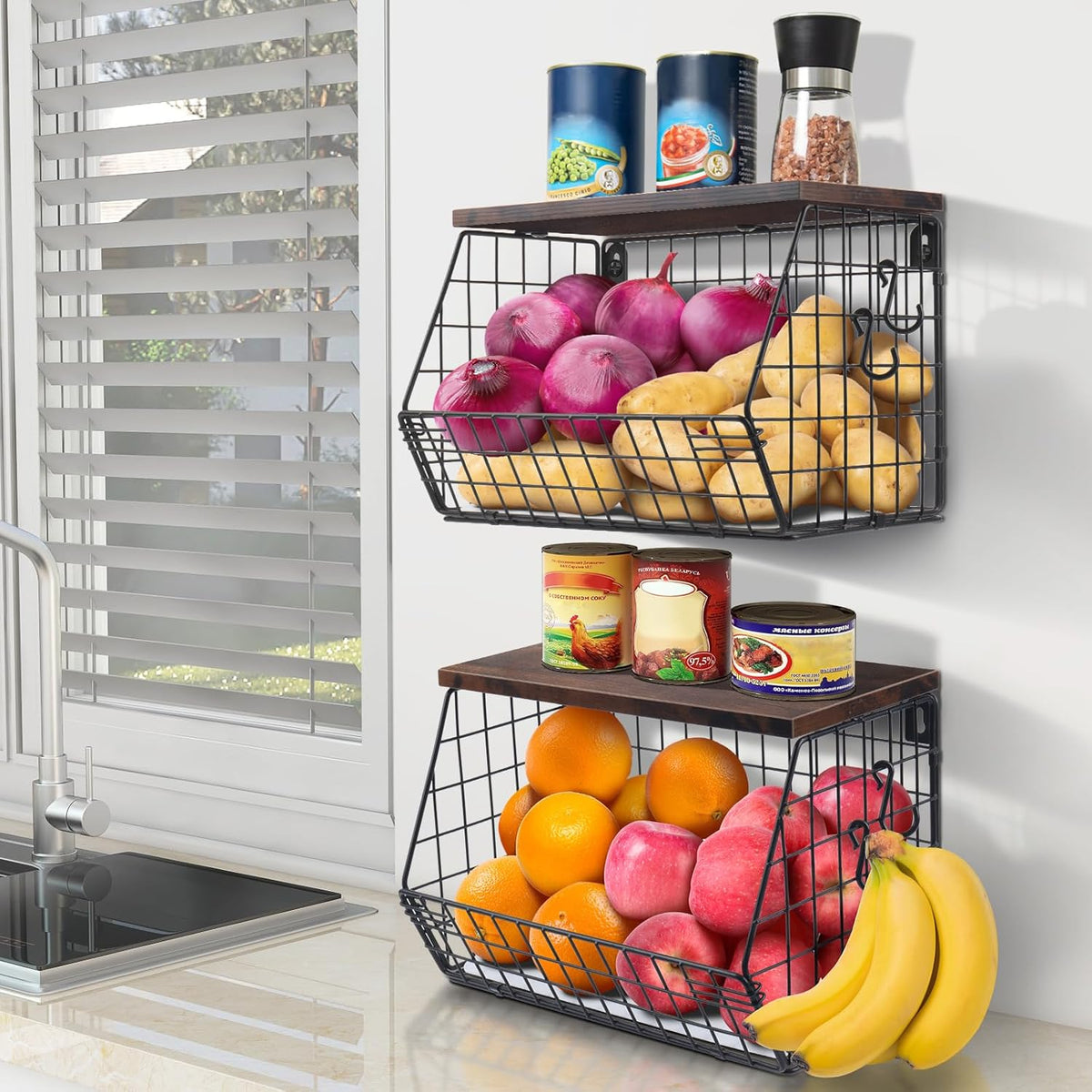 Mefirt Fruit Basket, 2-Tier Fruit Bowl for Kitchen Counter, Stackable Wall Mounted Fruit Storage, Snack Organizer, Potato and Onion Storage Basket, Hanging Pantry Storage with Wood Lid, 2 Set, White