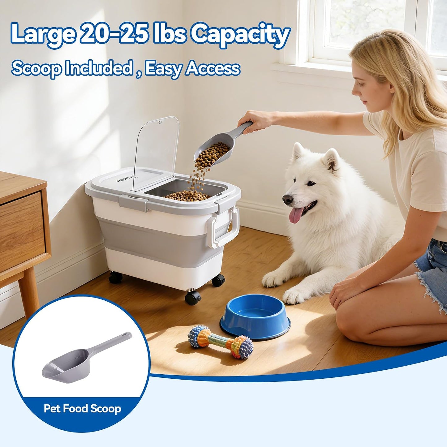 Dog Food Storage Container 20-25lbs, Airtight Pet Food Bin with Locking Lid & Clear Window, Collapsible Rolling Storage Container with Wheels and Scoop, Black