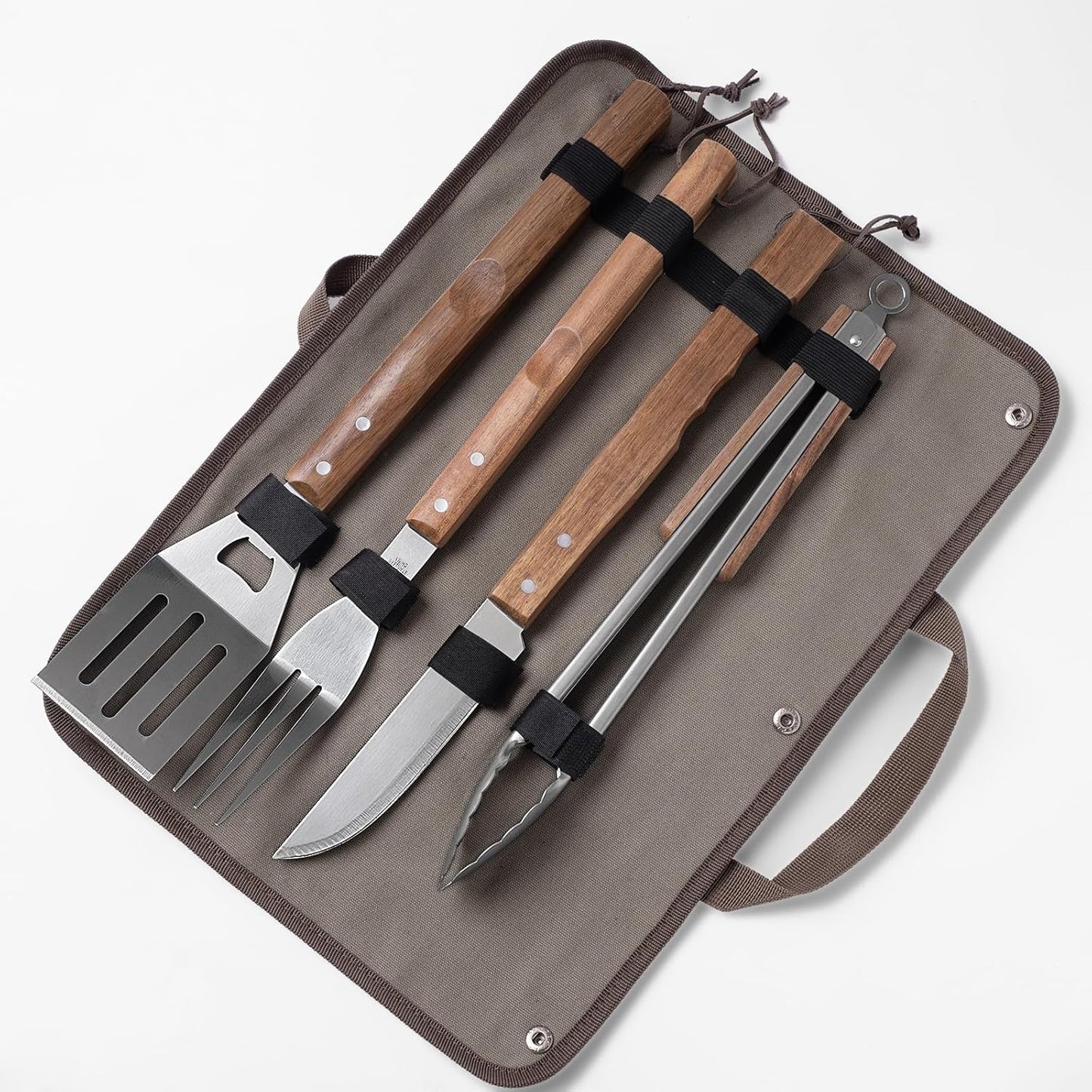 5pcs BBQ Grill Accessories Set - Stainless Steel Grilling Tools with Ergonomic Wooden Handle Includes Spatula, Tongs, Knife, Fork & Carry Bag, Grill Tools Set BBQ Utensils Gifts Set for Men Dad