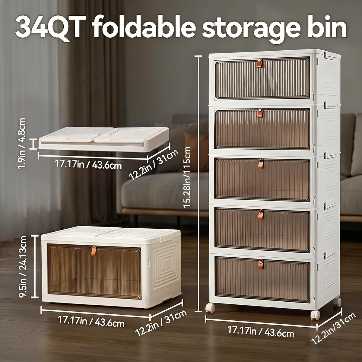 LDQ 136Qt Large Storage Bins with Lids, 4 Tier Stackable Storage Cabinet with Wheels & Clear Doors, Foldable Plastic Closet Organizer for Bedroom, Bathroom & Kitchen
