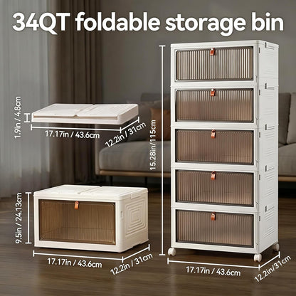 LDQ 136Qt Large Storage Bins with Lids, 4 Tier Stackable Storage Cabinet with Wheels & Clear Doors, Foldable Plastic Closet Organizer for Bedroom, Bathroom & Kitchen