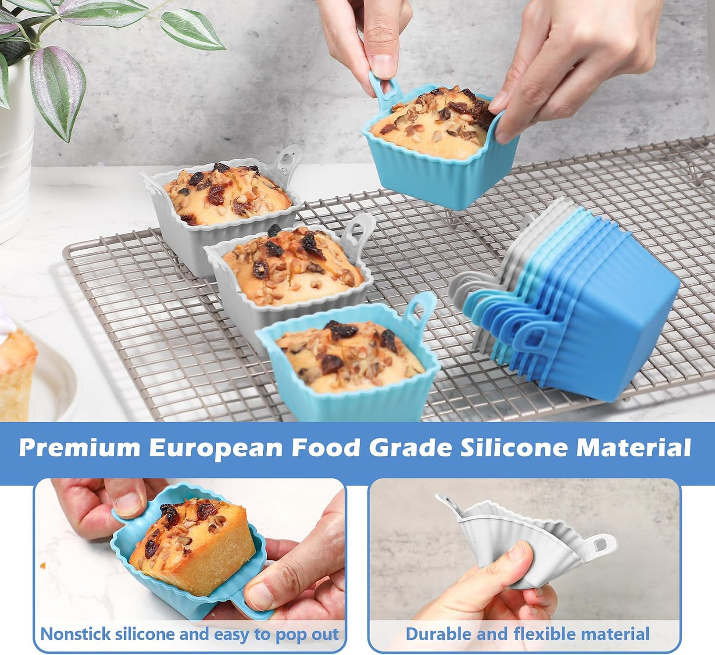 Koluti Nonstick Silicone Muffin Baking Cups Pack of 12, Reusable Cupcake Molds with Double Handle, BPA Free, Mini Round Air Fryer Cupcakes Liner, 3 Colors