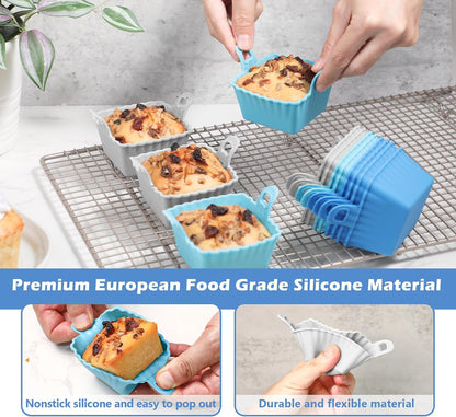 Koluti Nonstick Silicone Muffin Baking Cups Pack of 12, Reusable Cupcake Molds with Double Handle, BPA Free, Mini Round Air Fryer Cupcakes Liner, 3 Colors