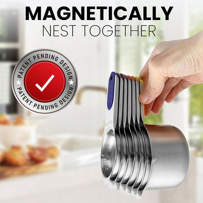 Spring Chef Stainless Steel Measuring Cups Set of 7 with Pour Spout - Nesting Kitchen Tools with Easy Read Markings to Measure Dry or Liquid Ingredients - Metal Measuring Cups for Baking & Cooking